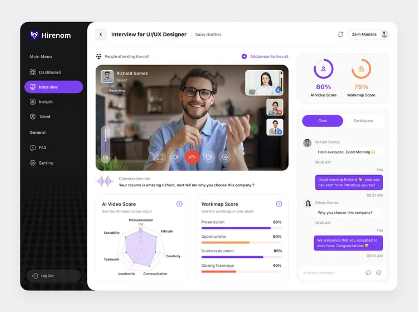 Candidate using interview platform